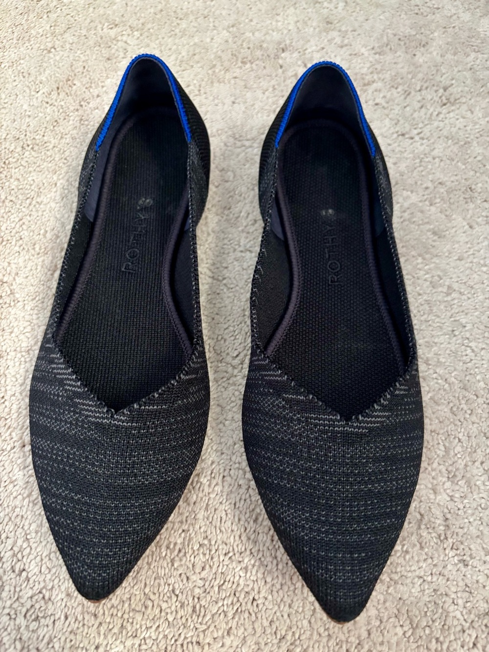 Rothy's Pointed Knit Flats in Black/Grey with Blue Trim